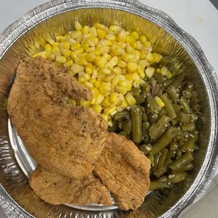 Turkey Chop dinner with Green Beans and Better Corn
