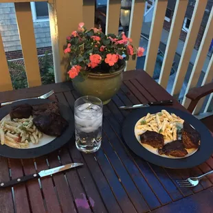 Steak tips and pasta salad.