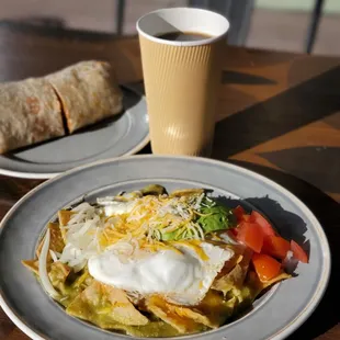 Chilaquile with green sauce.   The taste was delicious and had nice fresh avocados on top! Recommended