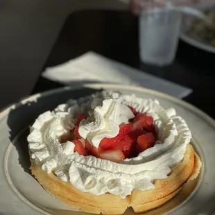 Homemade Waffle with Strawberries and Whip Cream