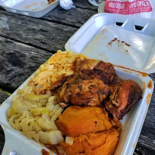 Yam, jerk chicken, Mac and cheese
