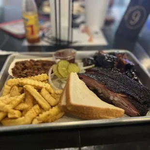 K&amp;K beans, burned ends, pork ribs and fries.