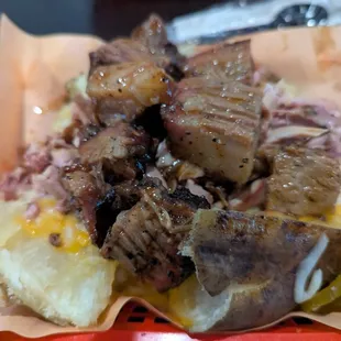 2 meat baked potato, absolutely delicious, smoked chicken and burnt ends. Will be back!!!