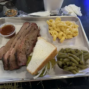 brisket, Mac and cheese, green beans