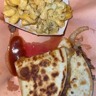 Brisket quesadilla with mac &amp; cheese