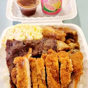 Combo F Sweet &amp; Sour Spareribs Teriyaki Beef Chicken Katsu Mac Salad Rice $15.50, Pass-O-Guava Nectar $1.89 (05/15/23). #KAndKBarbequeInnInc