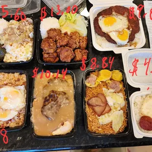 Laulau kalua pork, Garlic chicken, corn beef hash, Hamburger steak, Noodle w/pork hash, Mini breakfest w/ Port sausage. Price as of 07/29/23