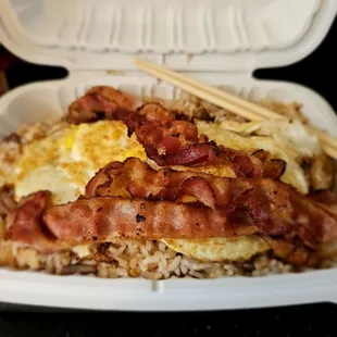 Lunch@K &amp; K Kitchen; 12/11/2024.My Lunch Fried Rice, w/3 Pieces of Bacon &amp; Eggs over hard. Wow, Cheap Eats, $7.00+, $2.00 more 4 Fried Rice.