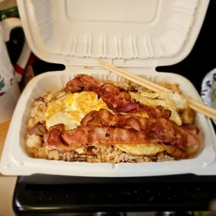 Lunch@K &amp; K Kitchen; 12/11/2024.My Lunch, not bad.Fried Rice,w/3 Pieces of Bacon &amp; Eggs over hard,pls! Ty David! Snoopy Mug not included.LOL