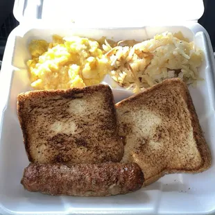 Cheese eggs, hash browns, Chicken Sausage Breakfast, Toast.