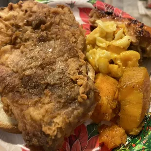 My plate coming together at home. There was more Mac &amp; cheese and potatoes in the box.