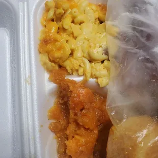 Mac and cheese, candied yams (yams were good)