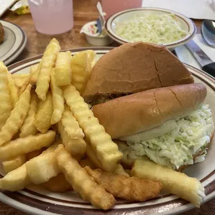 Barbecue sandwich with fries and coleslaw