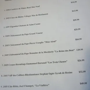 Example of tasting list