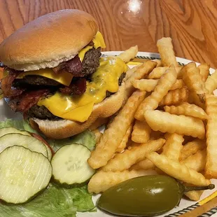 Double cheeseburger (minus onion) with fries plus I added a jalapeño pepper