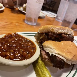 Two meat sandwhich and baked beans