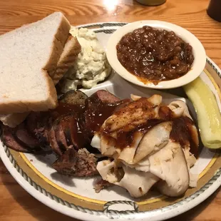 2 meat platter with sausage, turkey, beans and potato salad