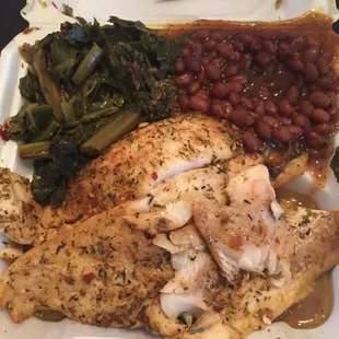 Jerk Whitening Fish. Collard Greens and BBQ Baked Beans. Amazing dish!