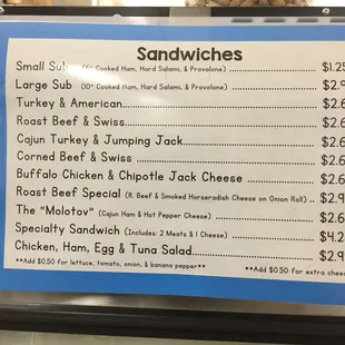 Deli sandwich menu