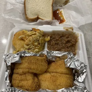 Fried Flounder, Mac &amp; Cheese, and Baked Beans