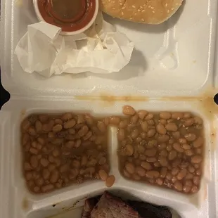 Brisket with baked beans and bread. Ok.