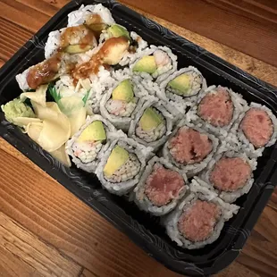 a tray of sushi