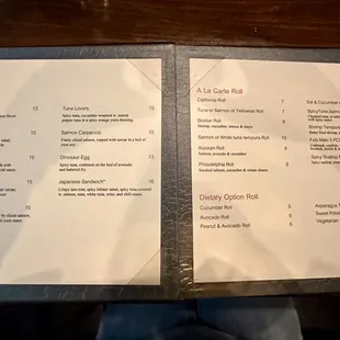 May 2024 menu of fusion dishes, a la carte rolls, etc.