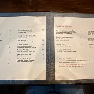 May 2024 menu of appetizers and sushi starters