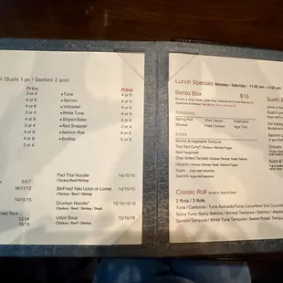 May 2024 menu of sushi, sashimi, noodles, rices, lunch specials, etc.