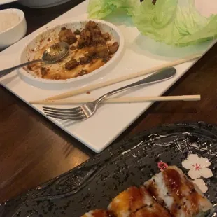 Shrimp tempura roll, lettuce wraps, and chicken teriyaki.  Yummmm