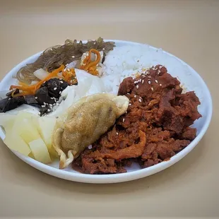 K-Bap Pork with mushrooms, carrots, onions, and pineapple.