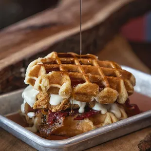 Chicken and Waffles sandwich is a mouthful!