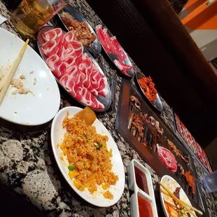 Kimchi fried rice,  beef bulgogi and thin beef brisket