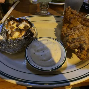 Loaded sweet potato, gravy, chicken fried chicken