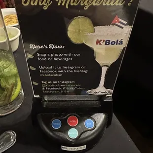 Buzzer to signal To your waiter