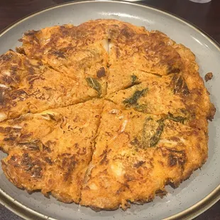 Kimchi pancake - too thick and doughy. Needed to be cooked longer or made thinner. Good flavor.