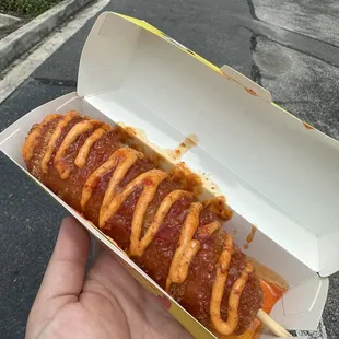 Gochuchang Korean cheese dog .. sweet Thai chili sauce and spicy mayo