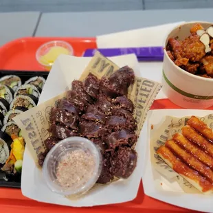 a variety of food items on a tray