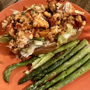 Lobster roll and roasted asparagus