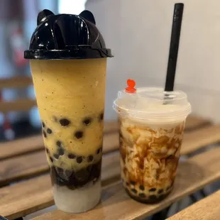 Passion fruit smoothie with boba and coconut jelly.   Tiger milk with boba.