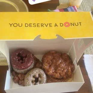 Red Velvet Donut (Left), Blueberry Donut (Middle), Apple fritter (Right)