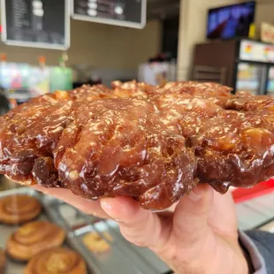 Gigantic apple fritter with crispy edges.  Even tastes great the next day!