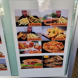 Nachos, burgers, chili dogs, k-dogs, chicken fingers, fish and chips