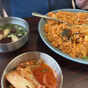 House soup, side kimchi, kimchi fried rice