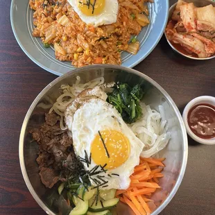 Bibimbop, kimchi fried rice, kimchi and chili sauce