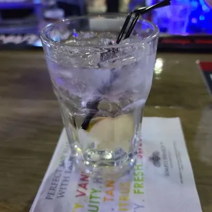  a glass of water with ice and a straw