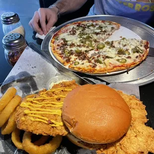  a burger and onion rings