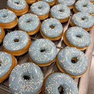 blue frosted doughnuts with sprinkles
