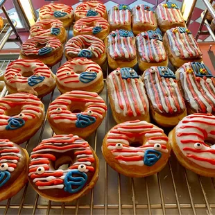 red, white, and blue donuts