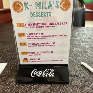 Dessert options menu